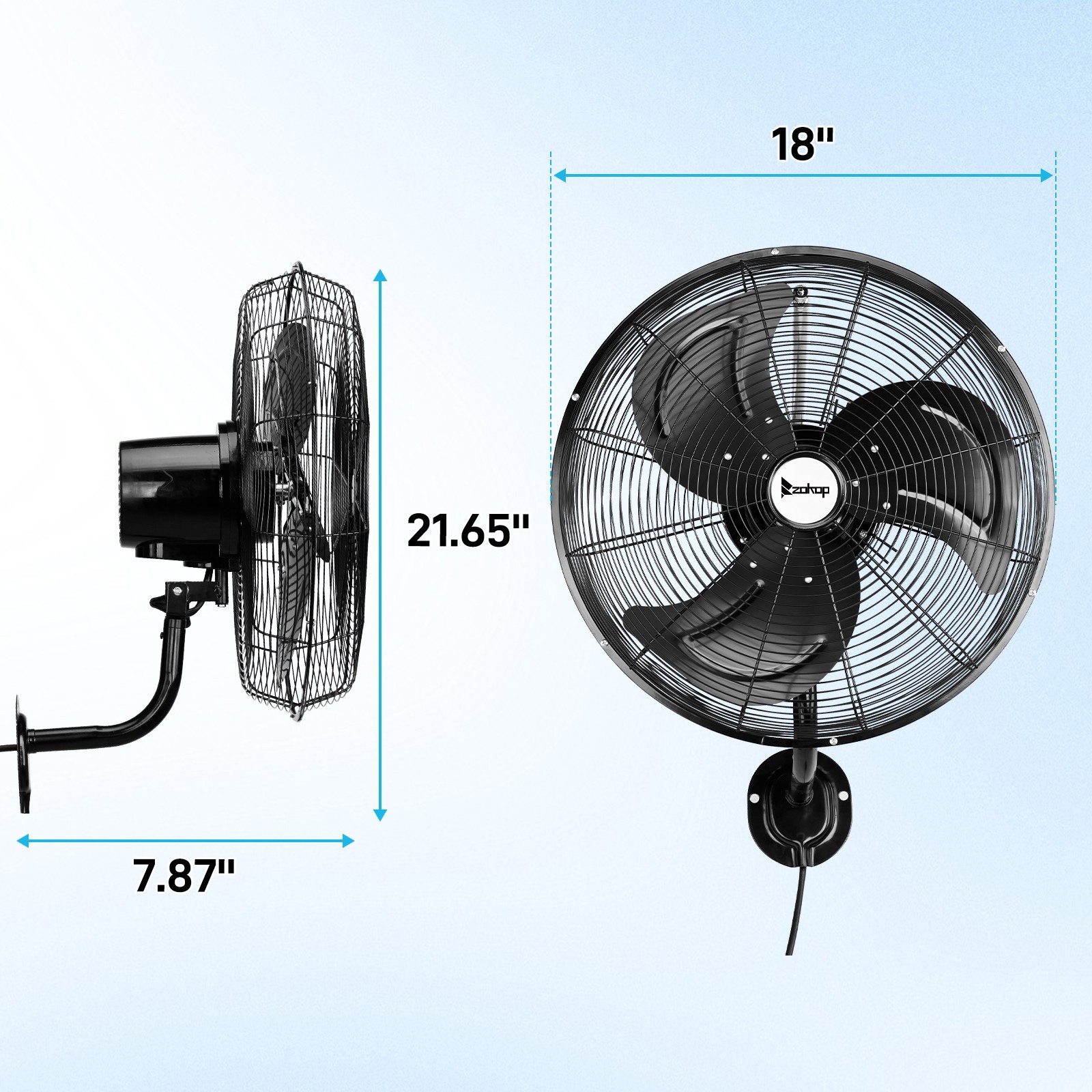 18» Industrial Wall Mount Fan Oscillating, 3-Speeds High Velocity Max. 4592 CFM