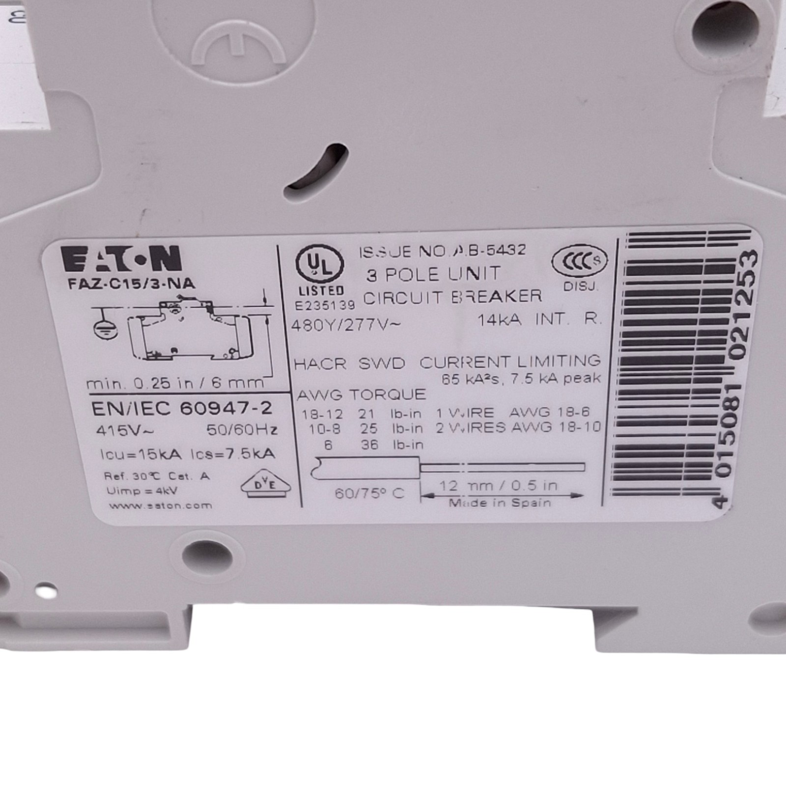 Eaton FAZ-C15/3-NA Circuit Breaker, 3-Pole, 15A, 480Y/277VAC Max, DIN Rail
