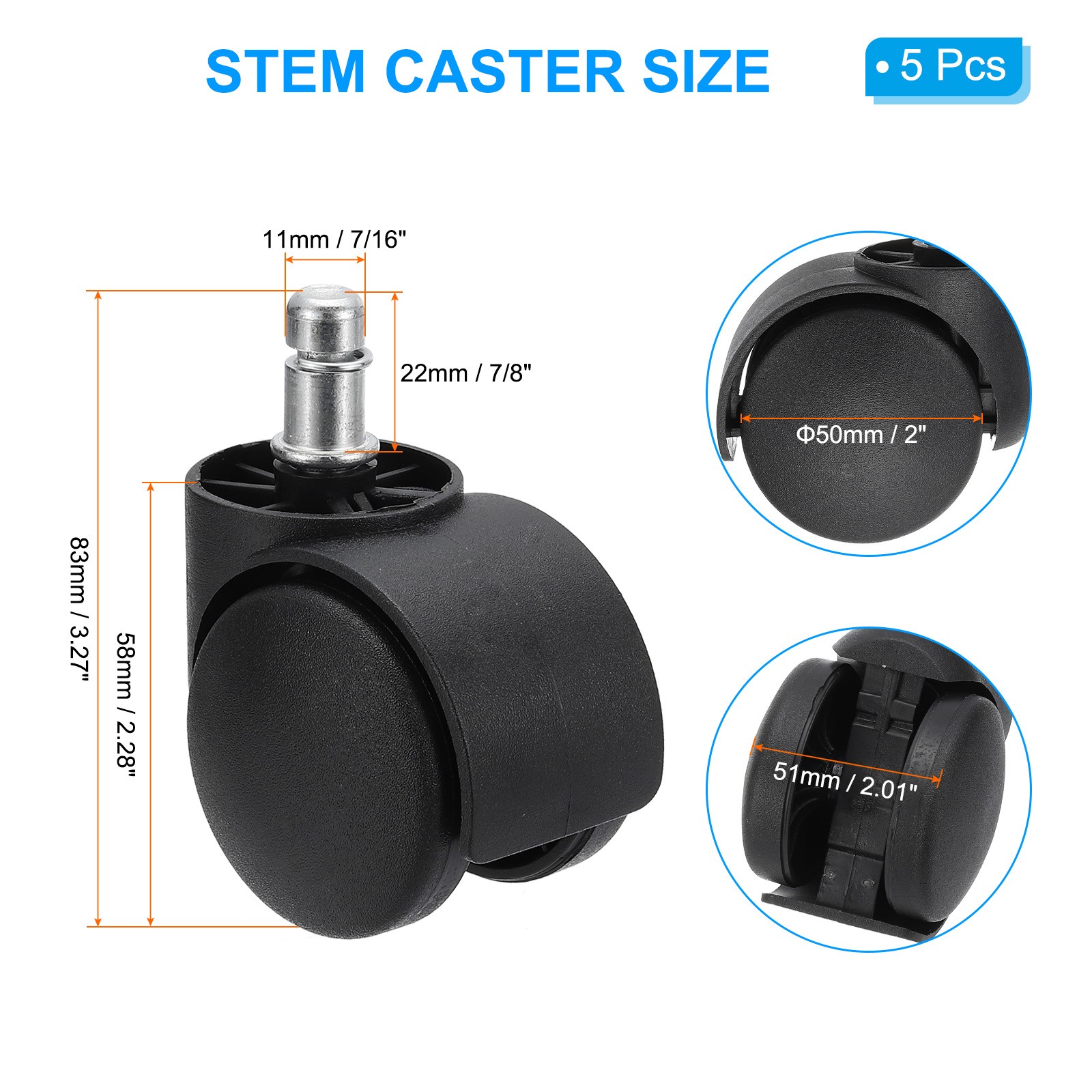 5Pcs 2 Inch Office Gaming Chair Wheel Replacement Smooth Quite Caster Black