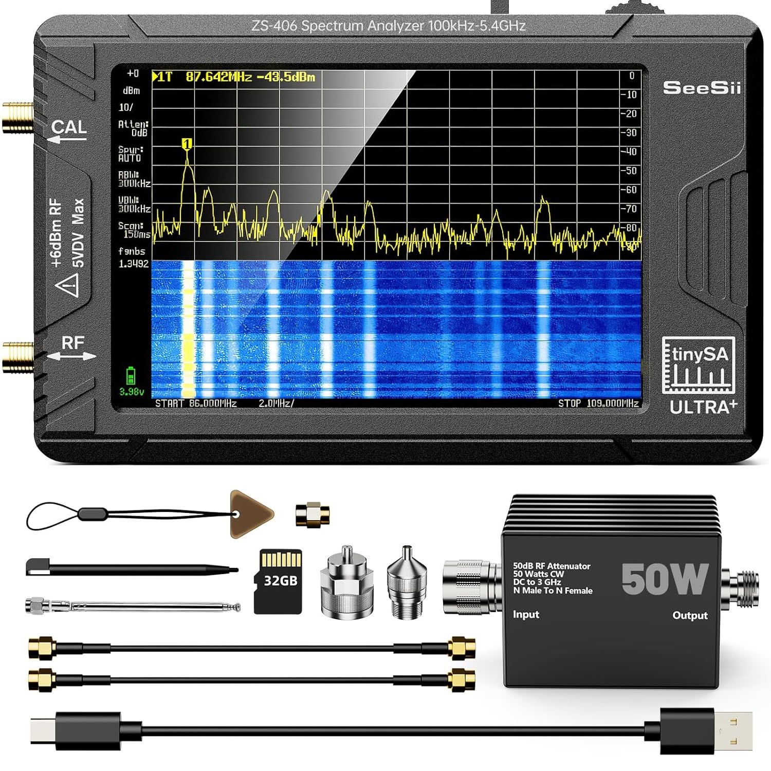 100kHz-5.4GHz TinySA Frequency Spectrum 2 in 1 Signal Generator & 50W Attenuator