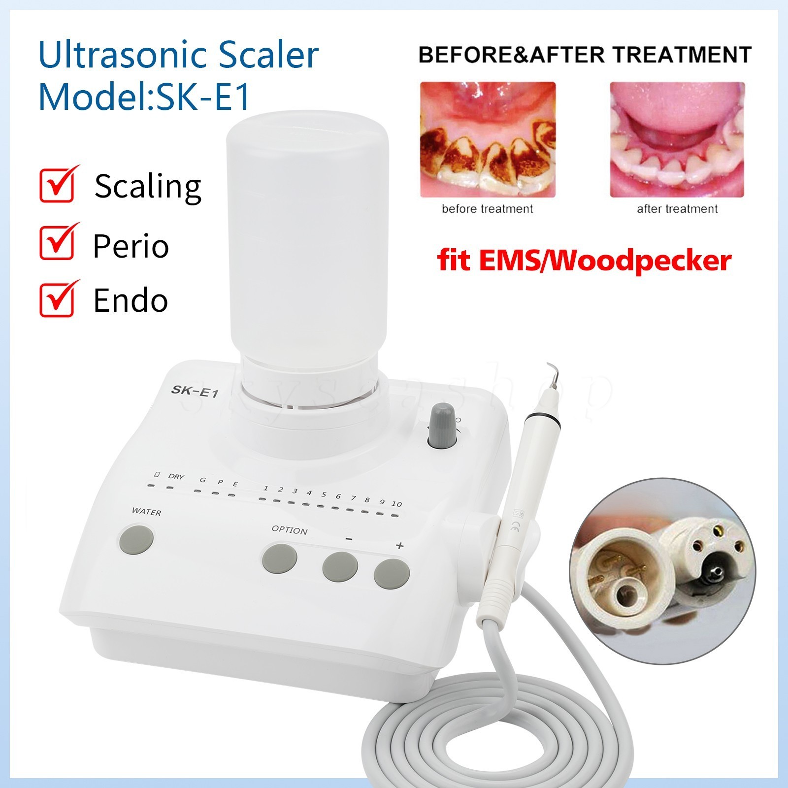 Dental Ultrasonic Scaler & 2 Bottles Fit EMS Cavitron SKYSEA / +Handpiece HW-3H