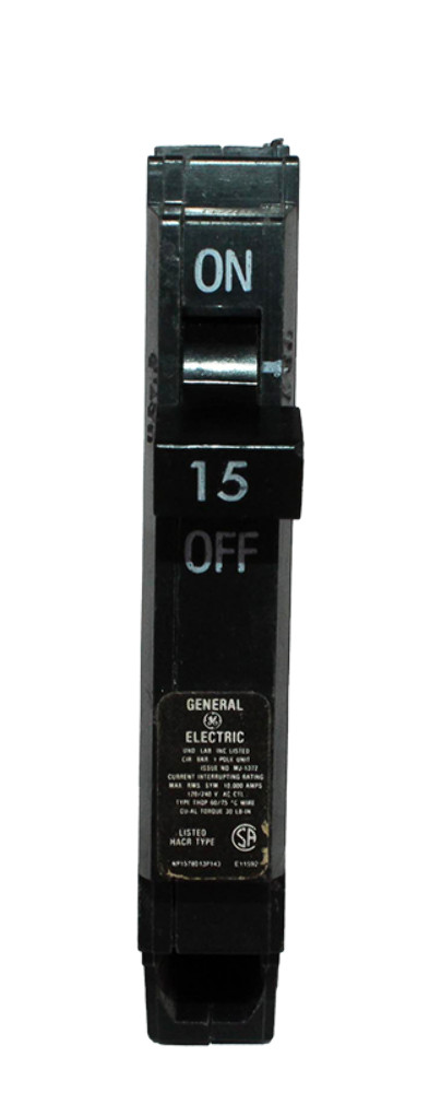 GE THQP115 Breaker 15A 1-Pole 120V 10kAIC Thin Series Plug-In Thermal Magnetic