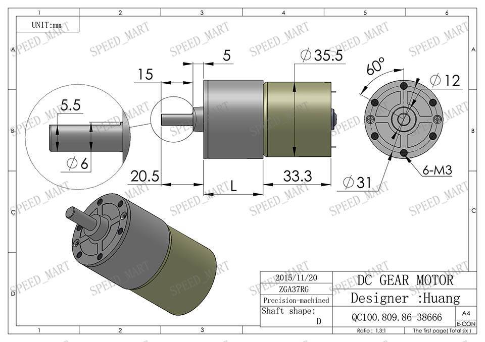 Reversible 37mm 12V DC 1000 RPM Gear-Box Speed control Electric Motor ZGA37RG