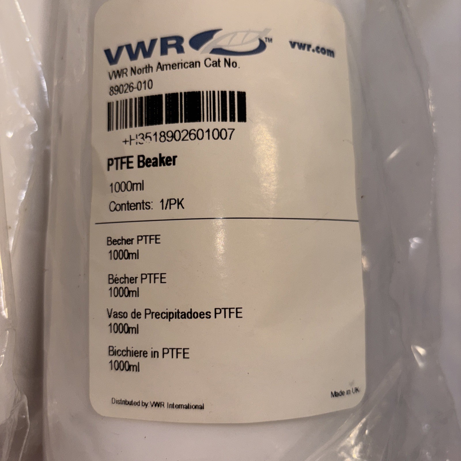 4 Brand New VWR PTFE Teflon Beakers 2-1000ml, 1-600ml, 1-400ml