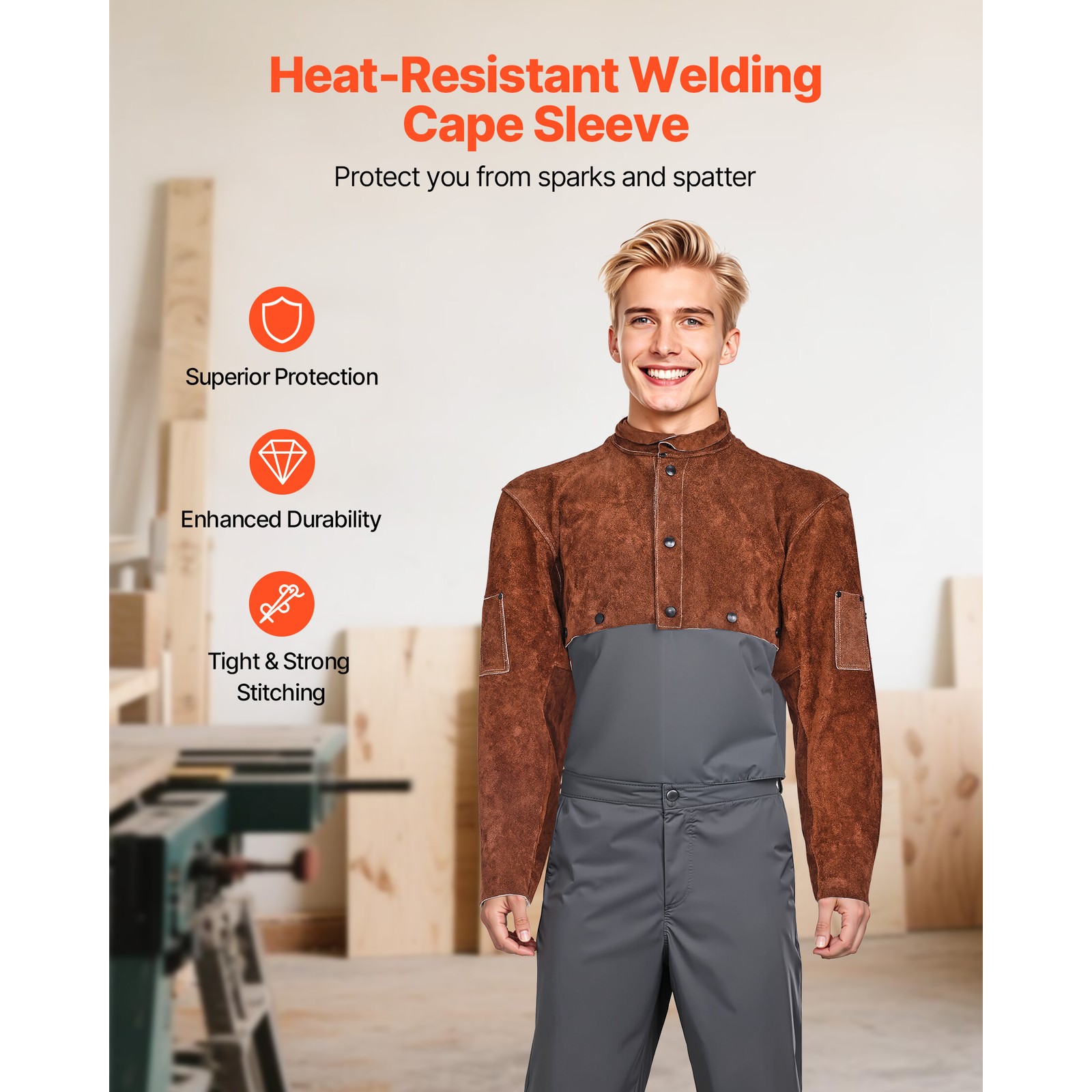 Uimoso Leather Welding Cape Sleeve, Flame-Resistant, Heavy-Duty, Size L