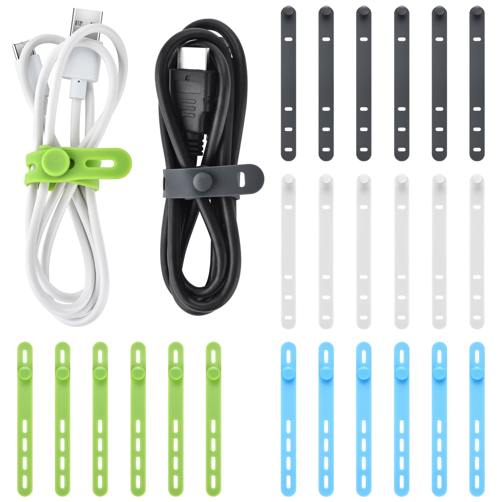 24 Pcs Silicone Cable Ties, Cord Organizer 0.5*5in, White/Gray/Green/Blue