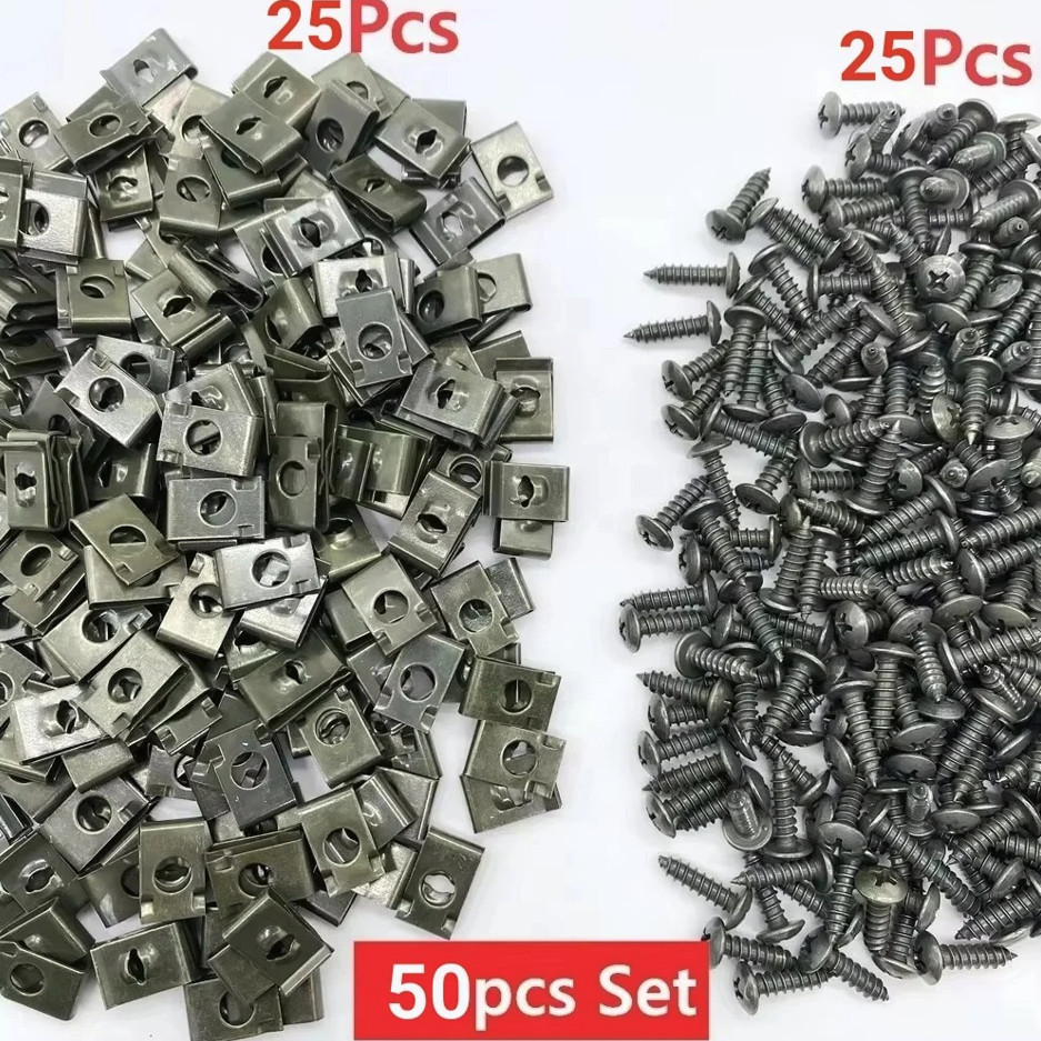 50pcs Car U-Type Clip Screw Fastener Set Metal Anti Rust Panel Fixing – NEW