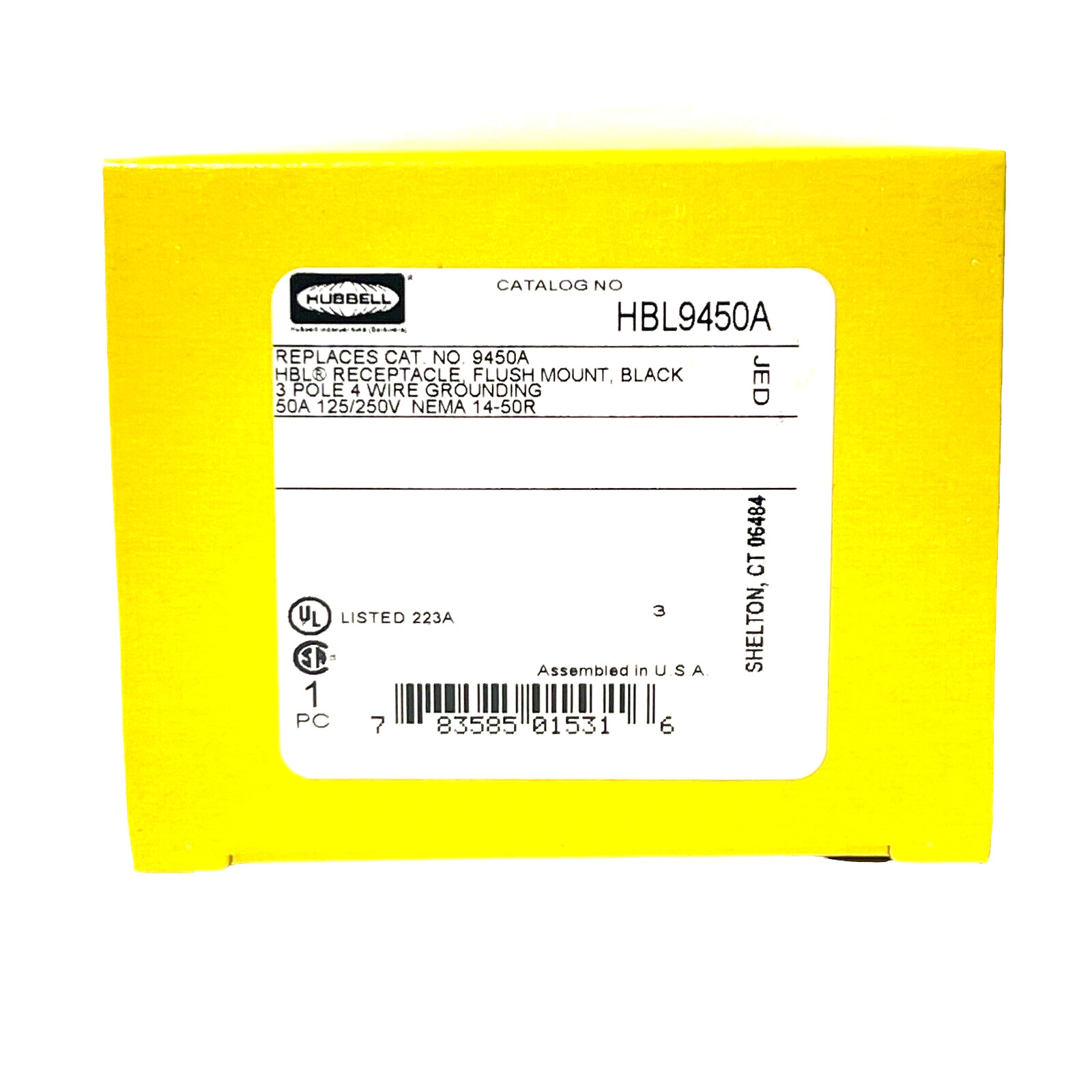 HBL9450A Hubbell Kellems Receptacle 3Pole 4-Wire Ground 50A 125/250V Flush Black