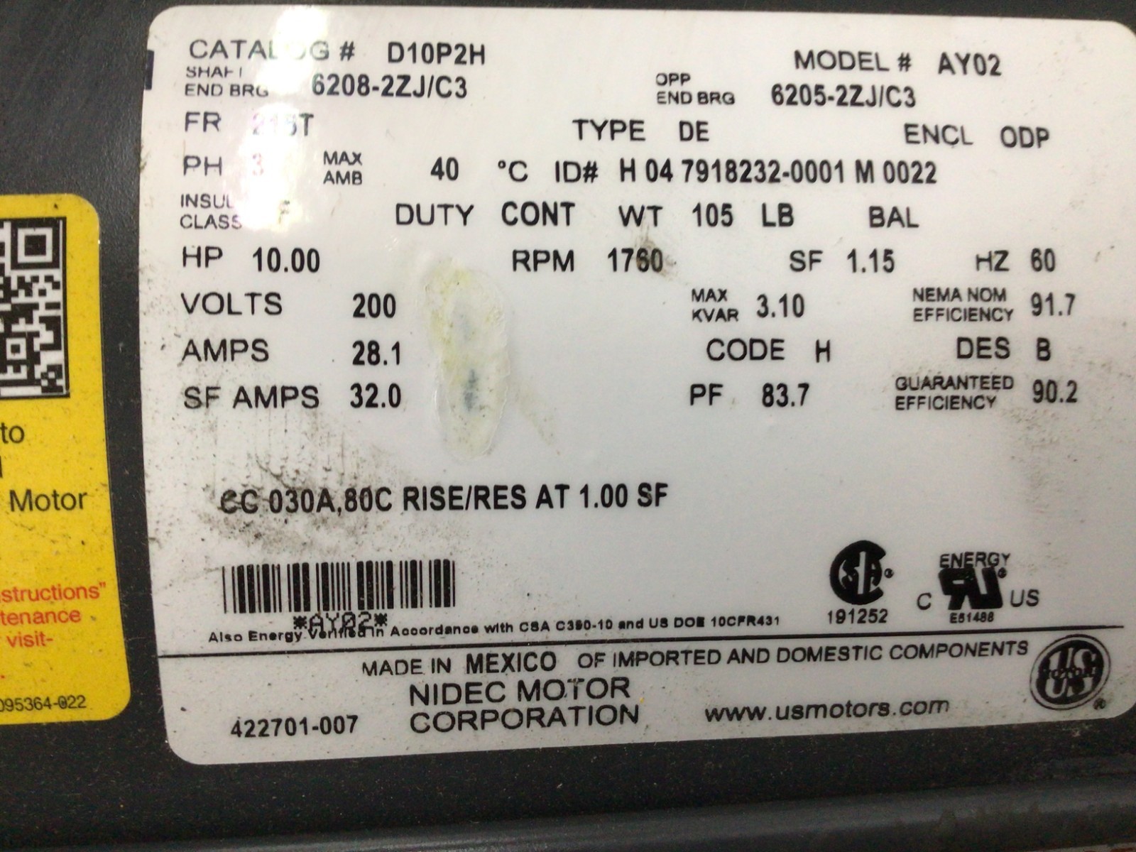 U.S. Motors D10p2d Three-Phase Metric Motor, 10 Hp, 215T Frame, 208 To 230/460
