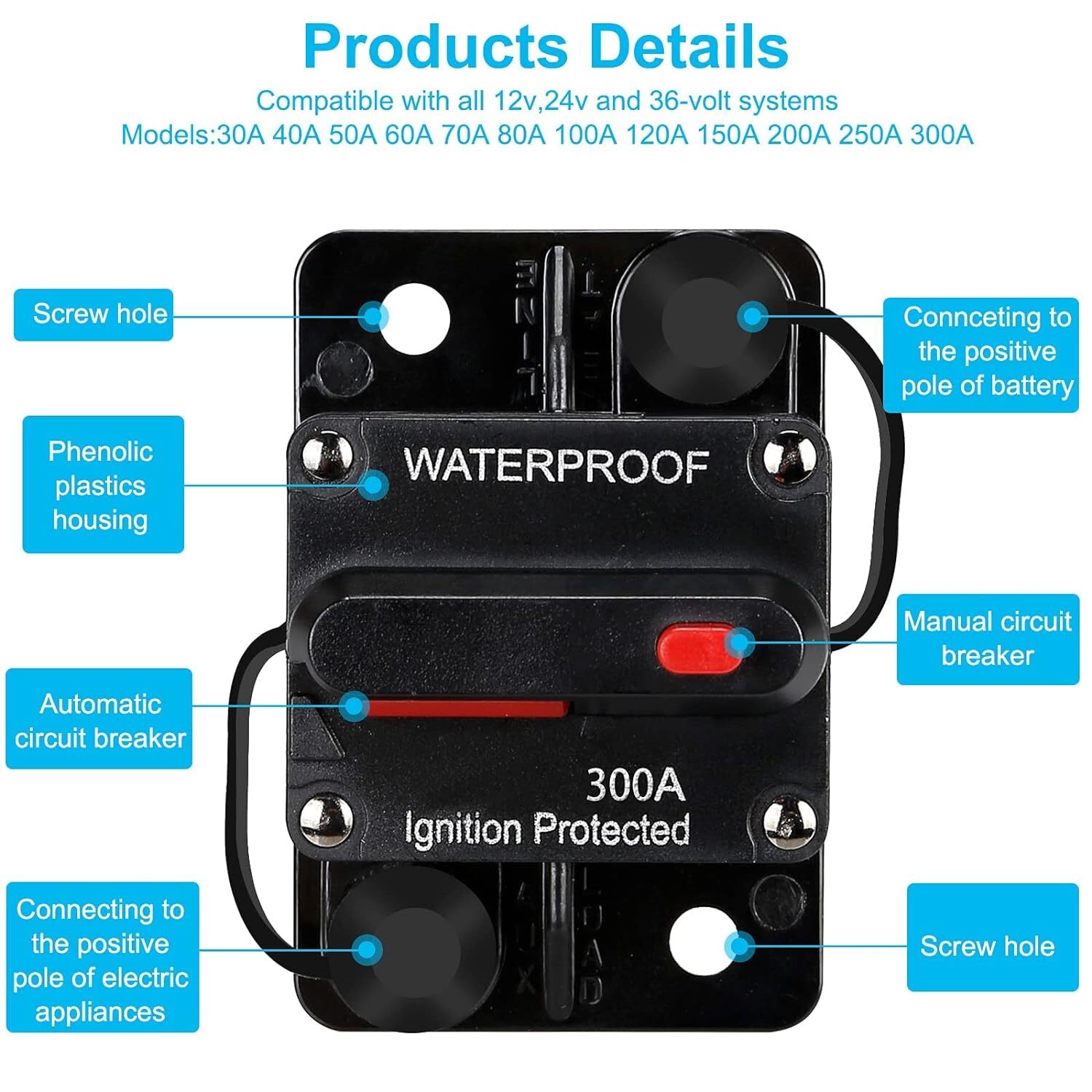 Waterproof Car Circuit Breaker Fuse Reset 30-300 Amp 12V-48V DC Car Boat Auto