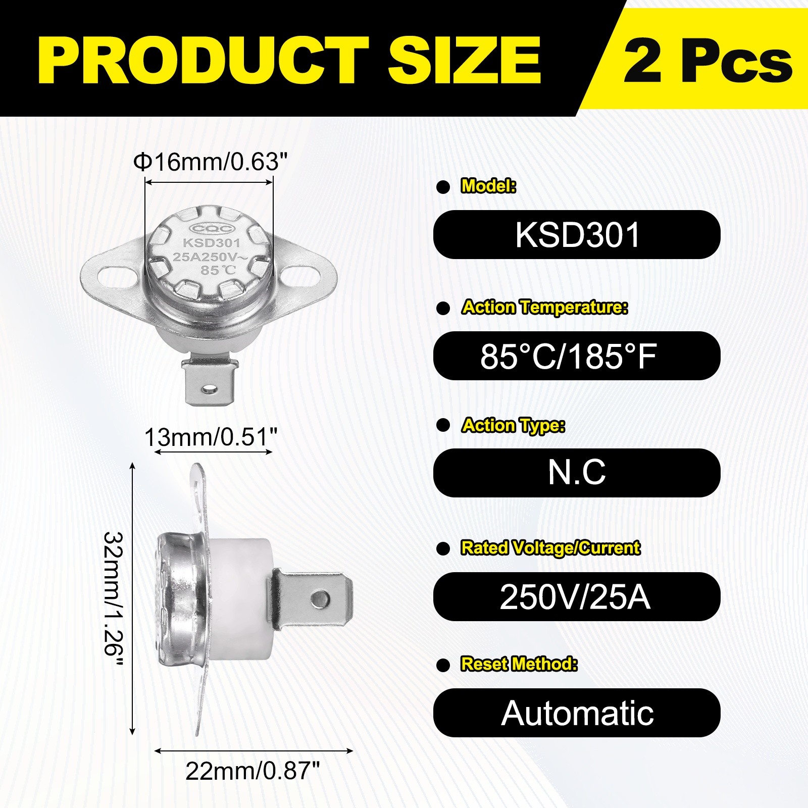 2Pcs KSD301 Thermostat 85°C/185°F 25A 250V Normally Closed N.C Switch, Ceramic
