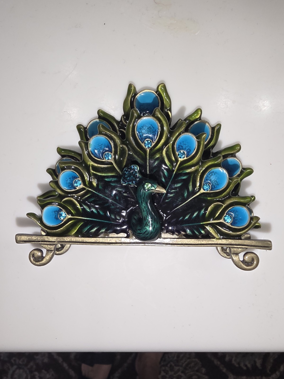 Cracker Barrel Peacock Letter Holder / Mail Organizer – Jeweled Enamel Metal Des