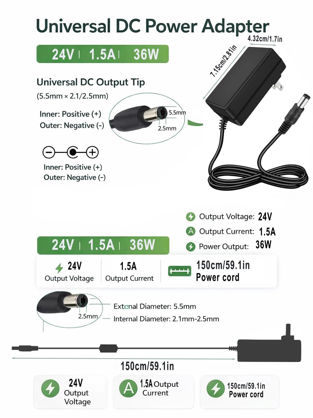 24V 1.5A Power Supply AC Adapter, 100-240V 50-60Hz to DC 24V 1.5A Switching C…