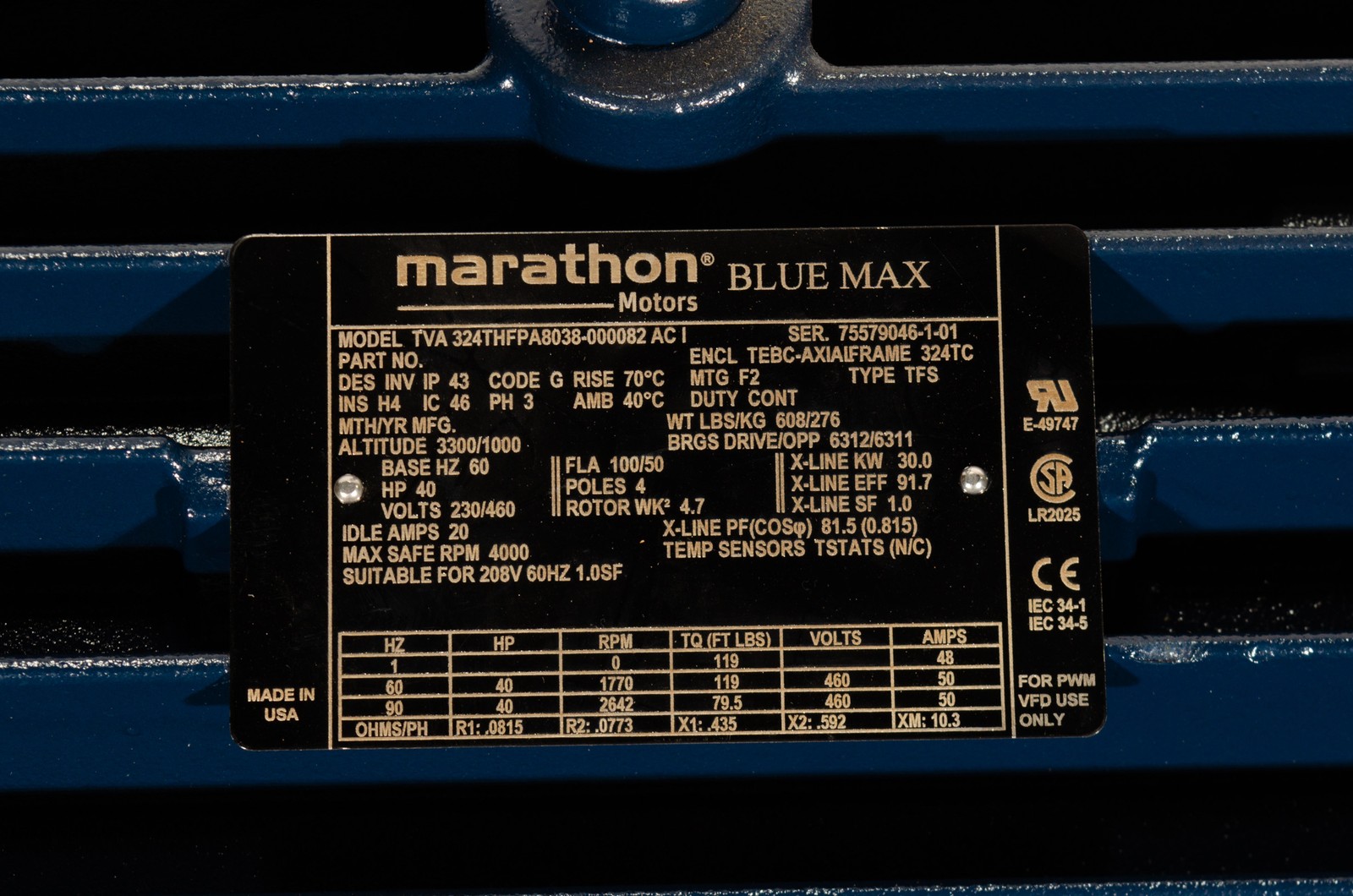 40HP Marathon Blue Max Motor TVA324THFPA8038 230/460V 324TC 3PH – NEW Surplus!