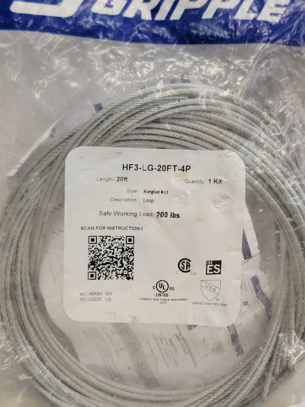 NEW Gripple HF3-LG-20FT -4P Standard Hanger Loop End #3 200LB