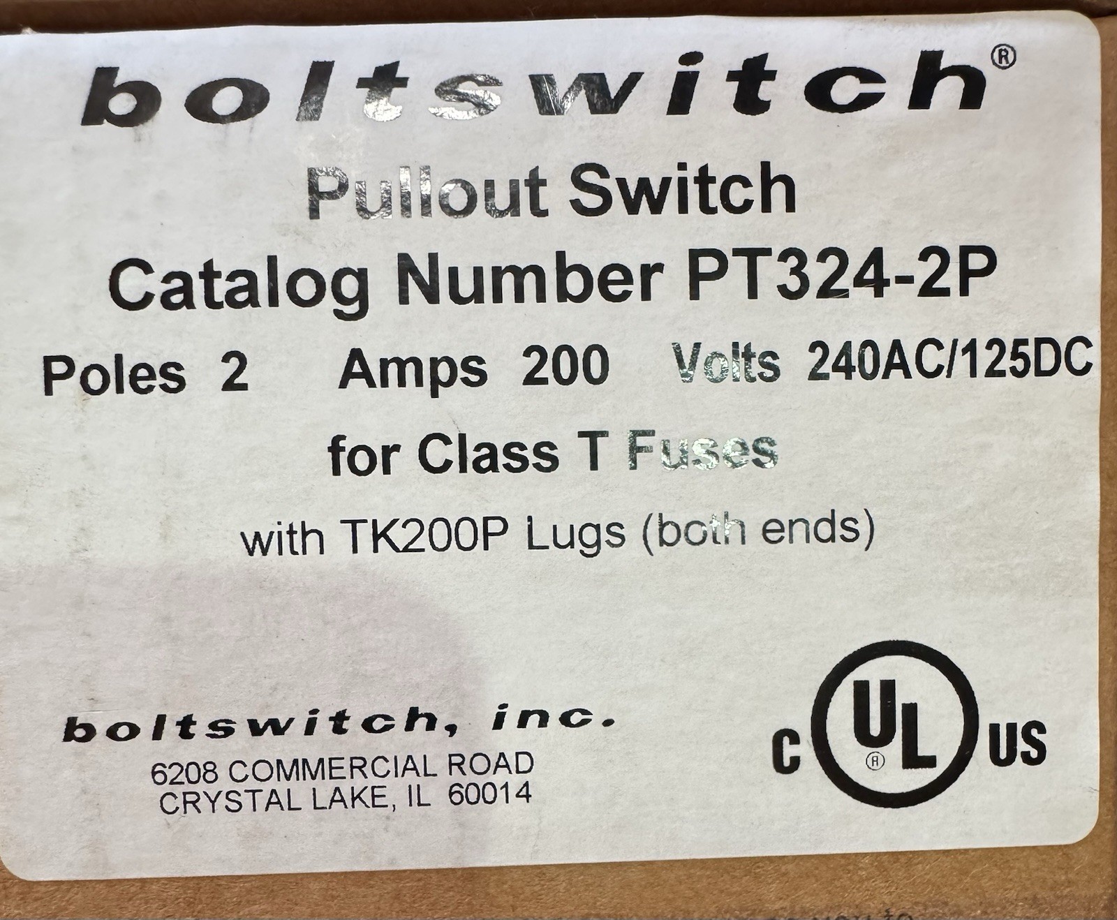 Boltswitch Pull Out Fusible Switch PT324-2P 240v 200 Amp 2 Pole Class T Fuse New