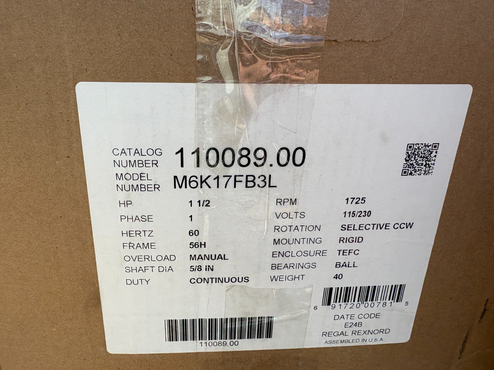110089.00 Leeson 1.5HP CONT Duty Motor 1725RPM 56HZ 115/208-230V M6K17FB3L