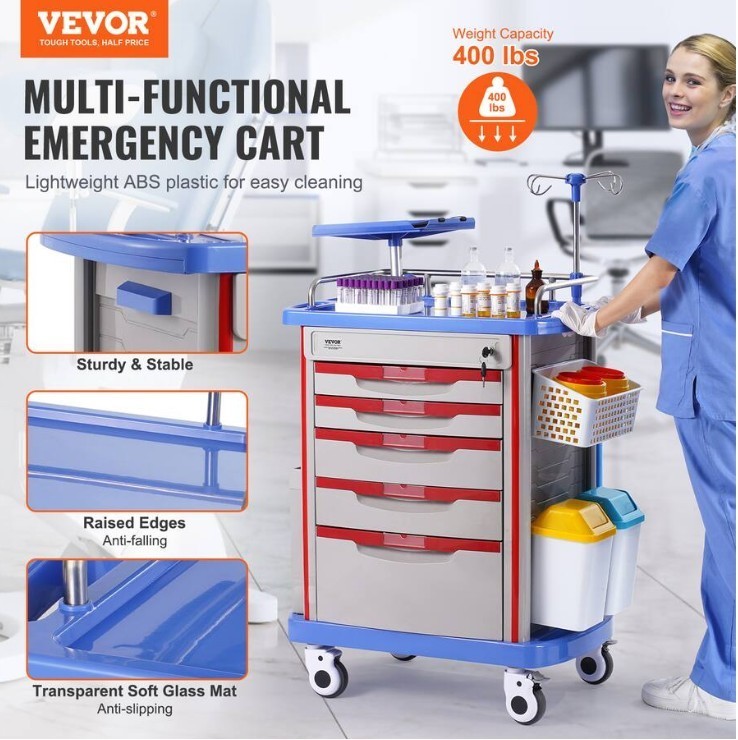 VEVOR 5 Tier Lab Cart – Mobile Medical Cart with 5 Drawers, IV Pole, Back Board