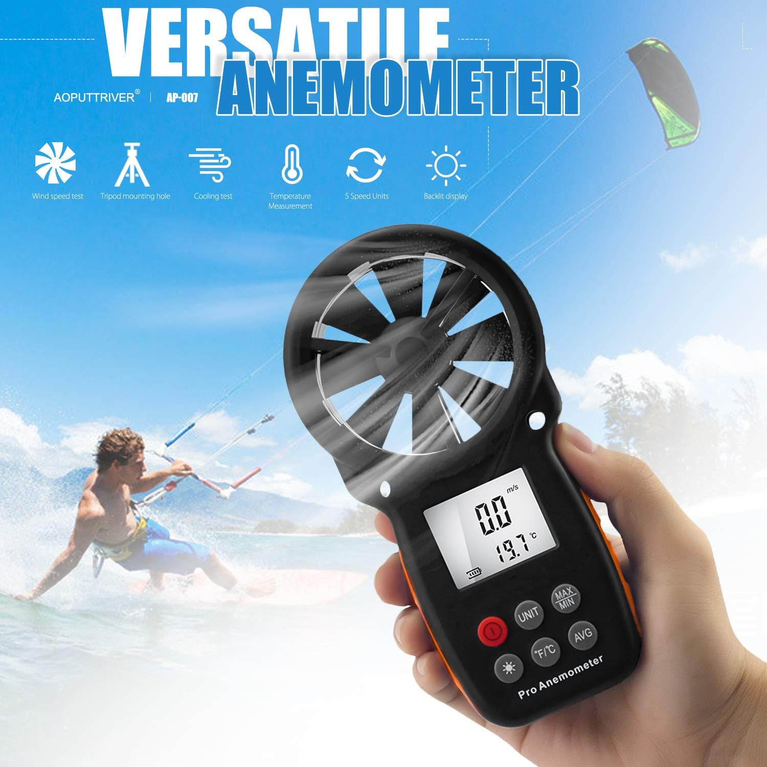8-Vane Handheld Anemometer Wind Speed Meter,Tripod Mount, Wind Chill,LCD Backlit