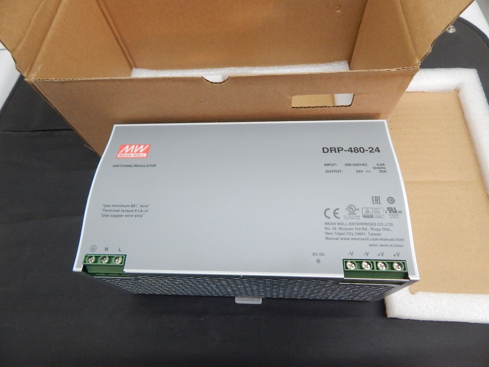MEAN WELL DRP-480-24 DIN Rail POWER SUPPLY 200-240VAC INPUT 480W TO 24VDC 20A