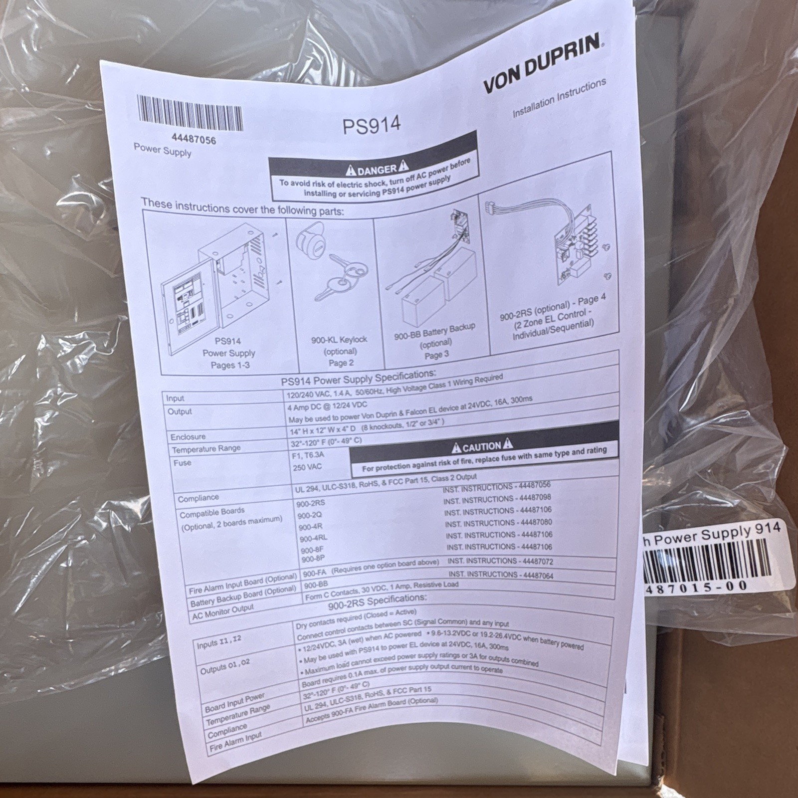 Von Duprin PS914-2RS Power Supply 12/24VDC 4A 120/240VAC Enclosed