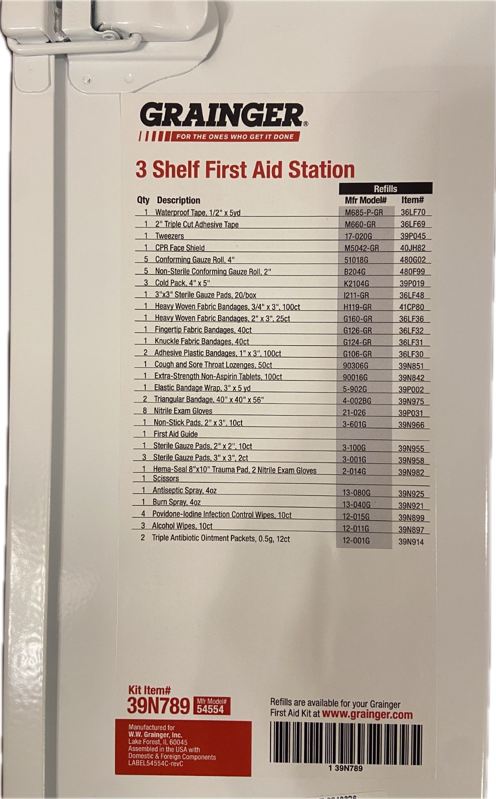 Grainger 100 Person First Aid Station 54554 Metal, Wall Mounting, EXP 2026-03-31