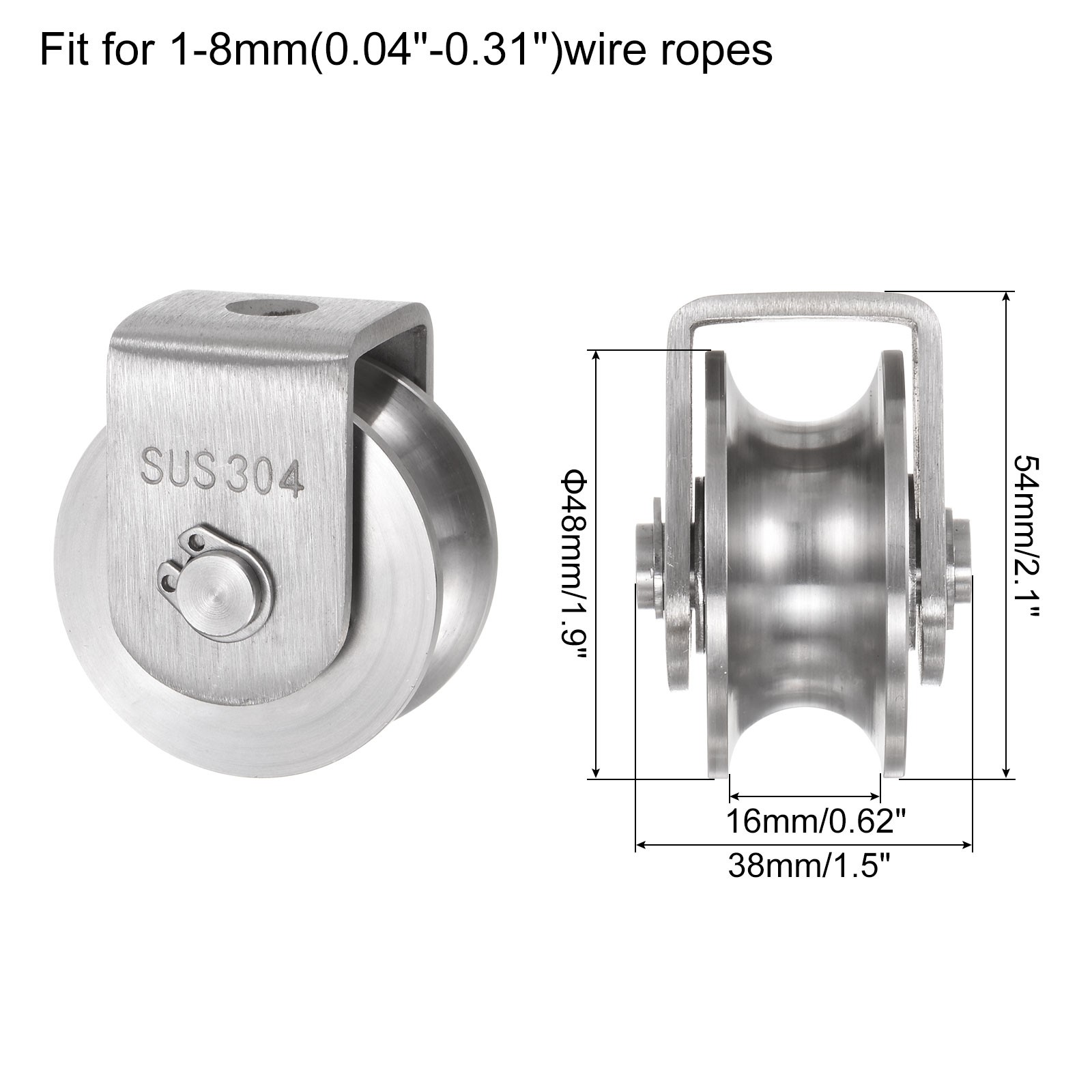 U Groove Wheel Pulley 304 Stainless Steel 1.9″ Dia Loading 880lbs Width 0.62″