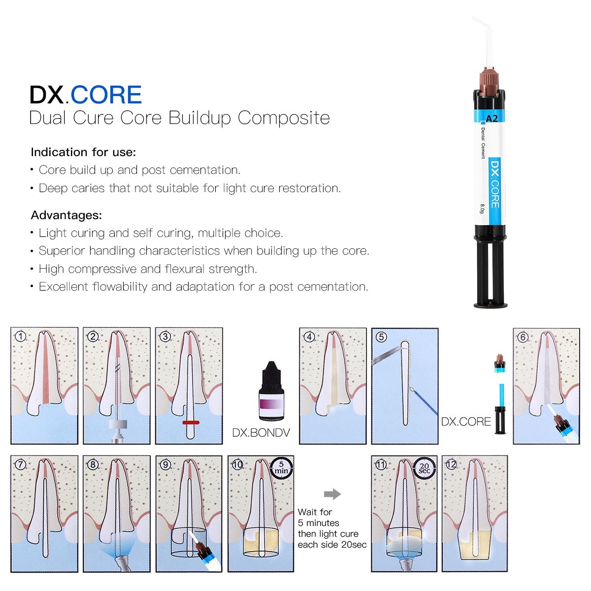 1 PC DX.CORE Dental Dentex Dual Cure Composite Resin Core Build Up A2