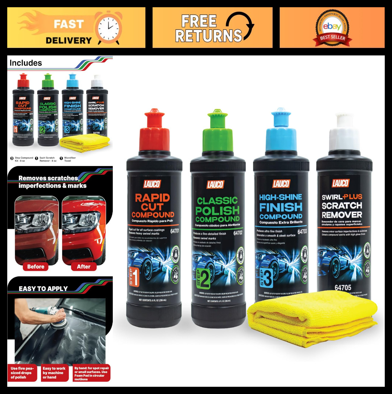 Paint Correction Kit 1, 2, 3 – Swirl Remover 8oz, Silicone-Free, Clear Coat Safe