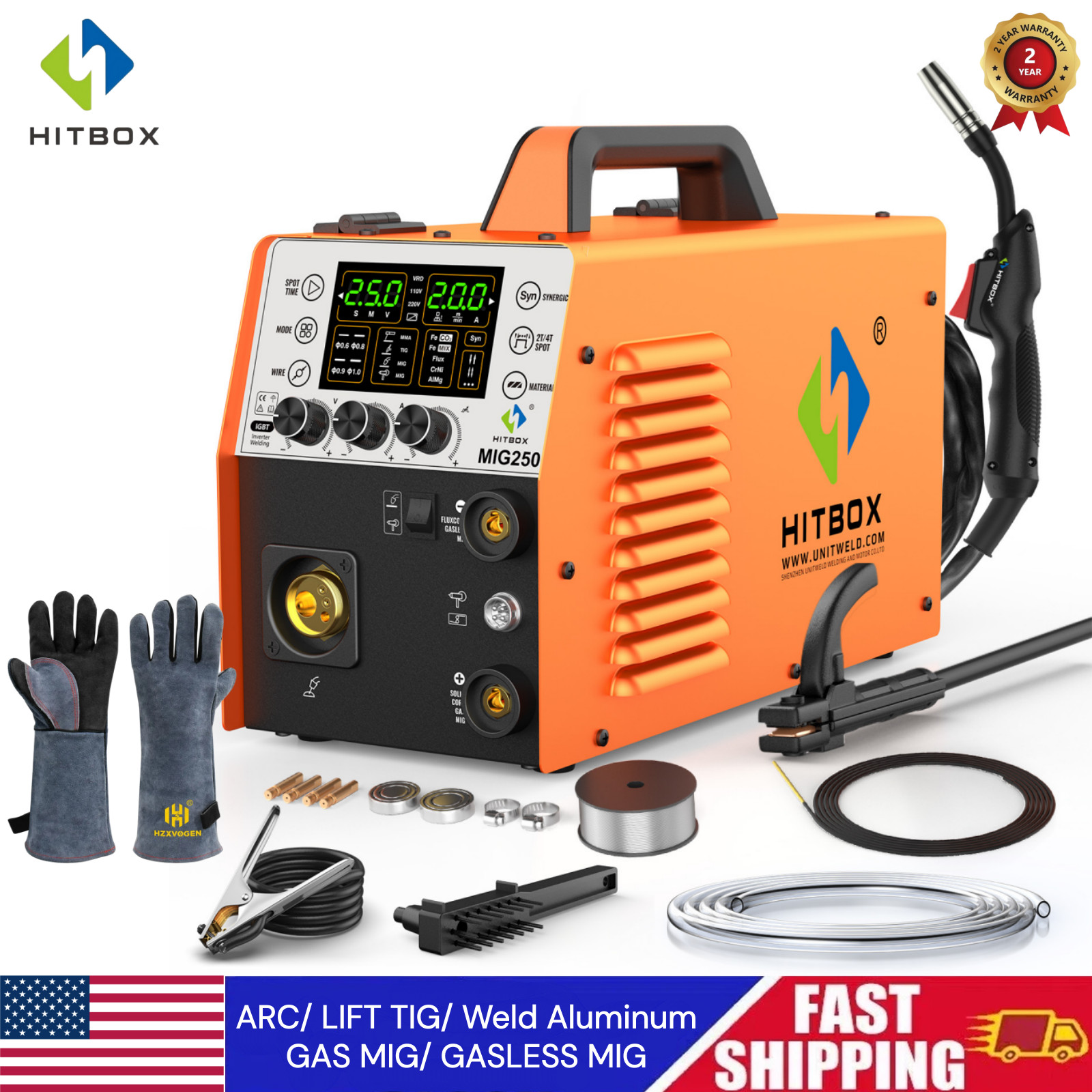 5in1 MIG Aluminum Welder wIth 4.5KG Flux Core Wire,250A Dual Volt IGBT Inverter