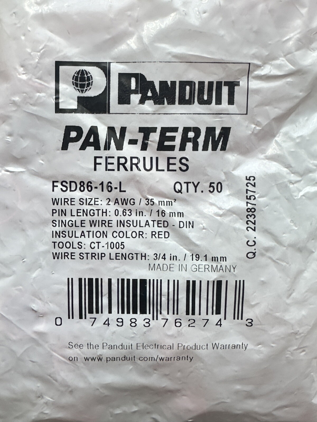NEW 50 Pack PANDUIT FSD86-16-L Ferrule Red 2 AWG, 16mm Pin Length, lot of 50 pcs
