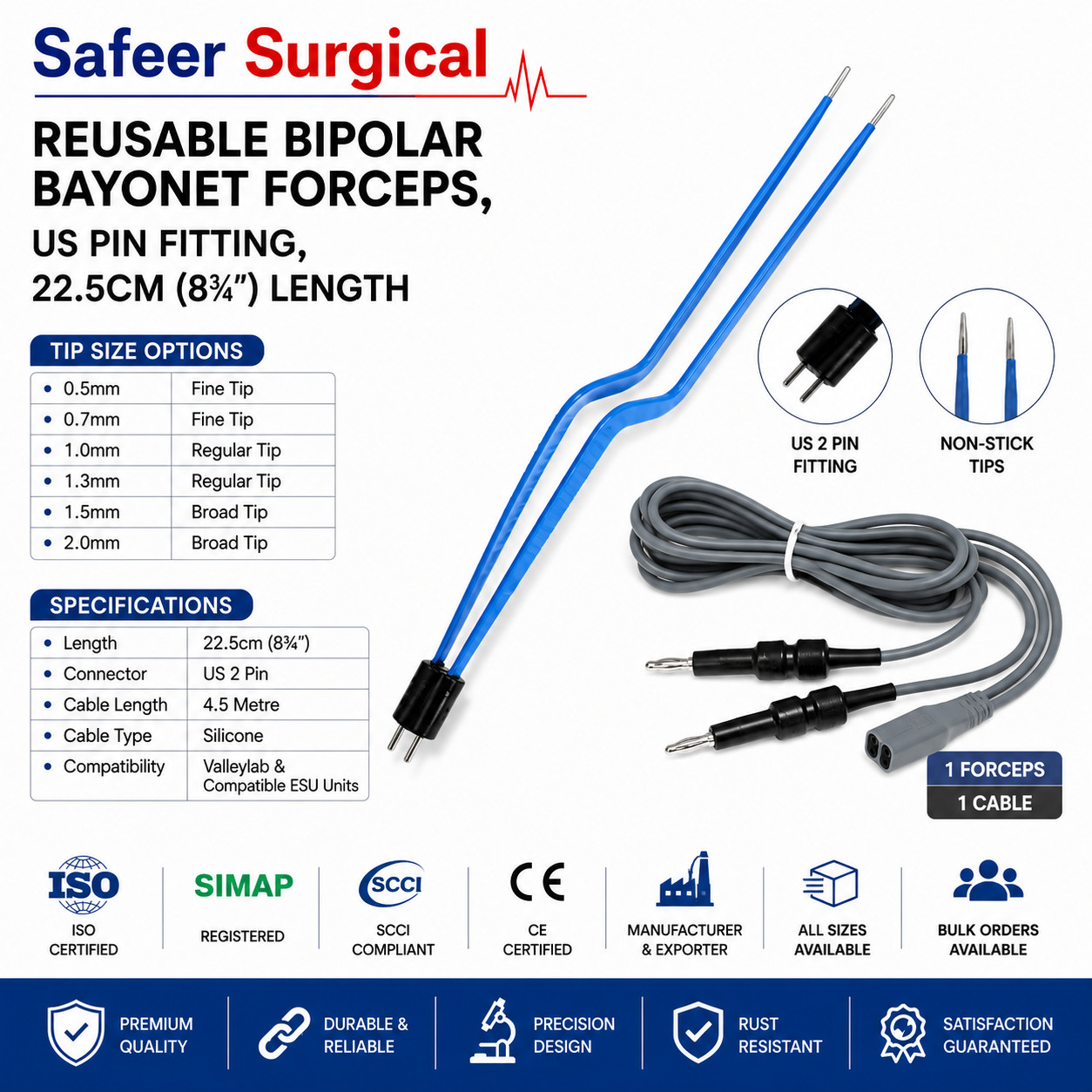 Reusable Bipolar Bayonet Forceps 2Pin Cable Non Stick Malleable 22.5cm 0.5-2.0mm