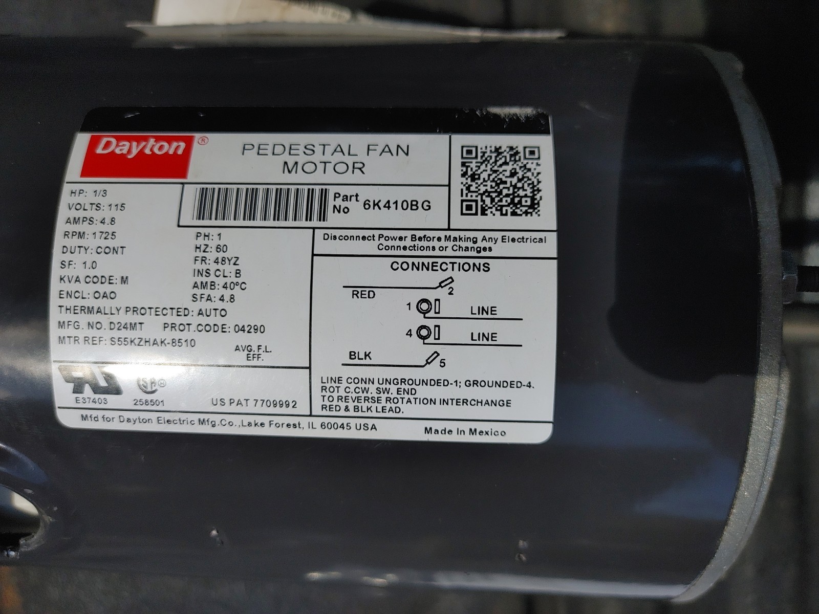Dayton 6K410 Pedestal Fan Motor, 1/3 Hp
