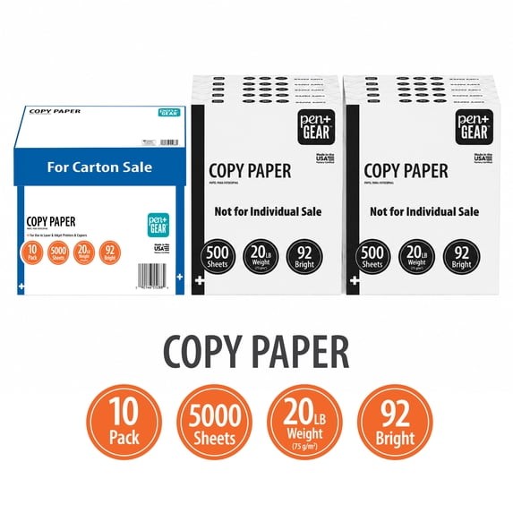 Pen+Gear Copy Paper, 8.5″ x 11″, 92 Bright White, 20 lb., 10 Ream Case (5,000 Sh
