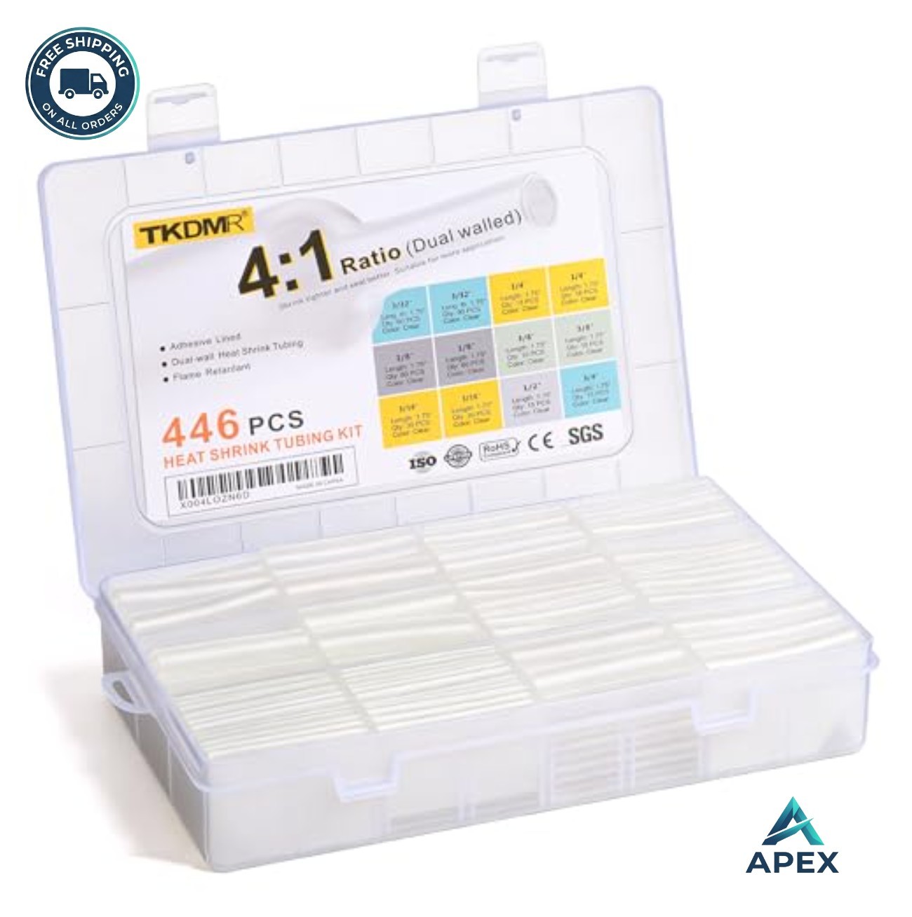 Heat Shrink Tubing Kit 446 Pcs 4:1 Adhesive Lined Clear 3/32 to 3/4 Inch Wire