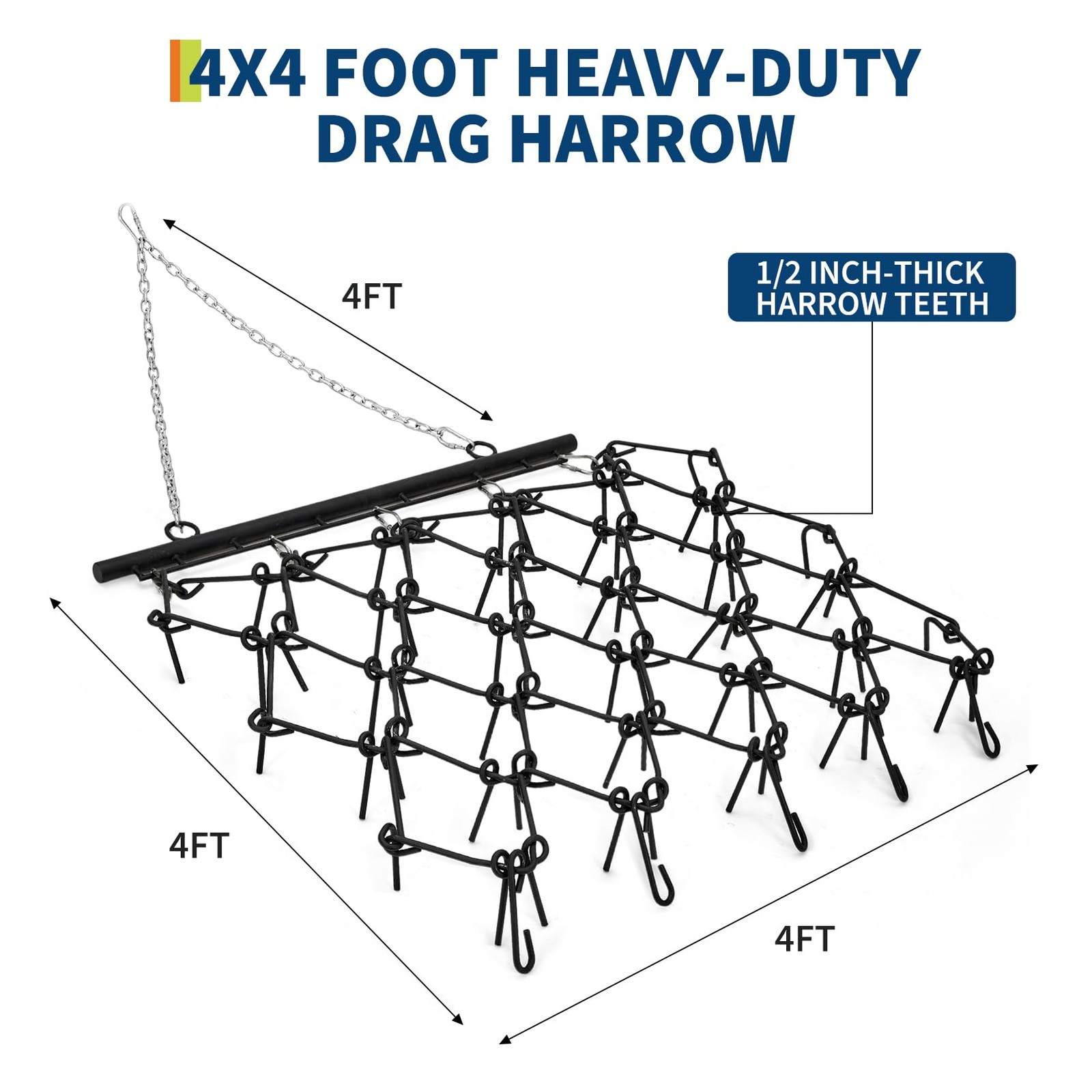 ATV UTV Tractor Drag Harrow 4×4 FT, 3/8″ & 1/2″ Teeth,Tow-Behind Grading ,Soil