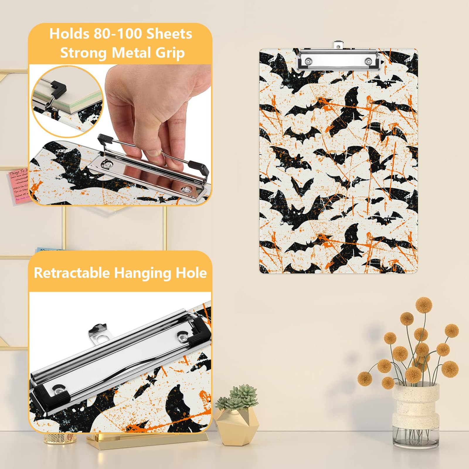 Halloween Bat Clipboard, Decorative Clip Board with Metal Clip Cute Plastic C…