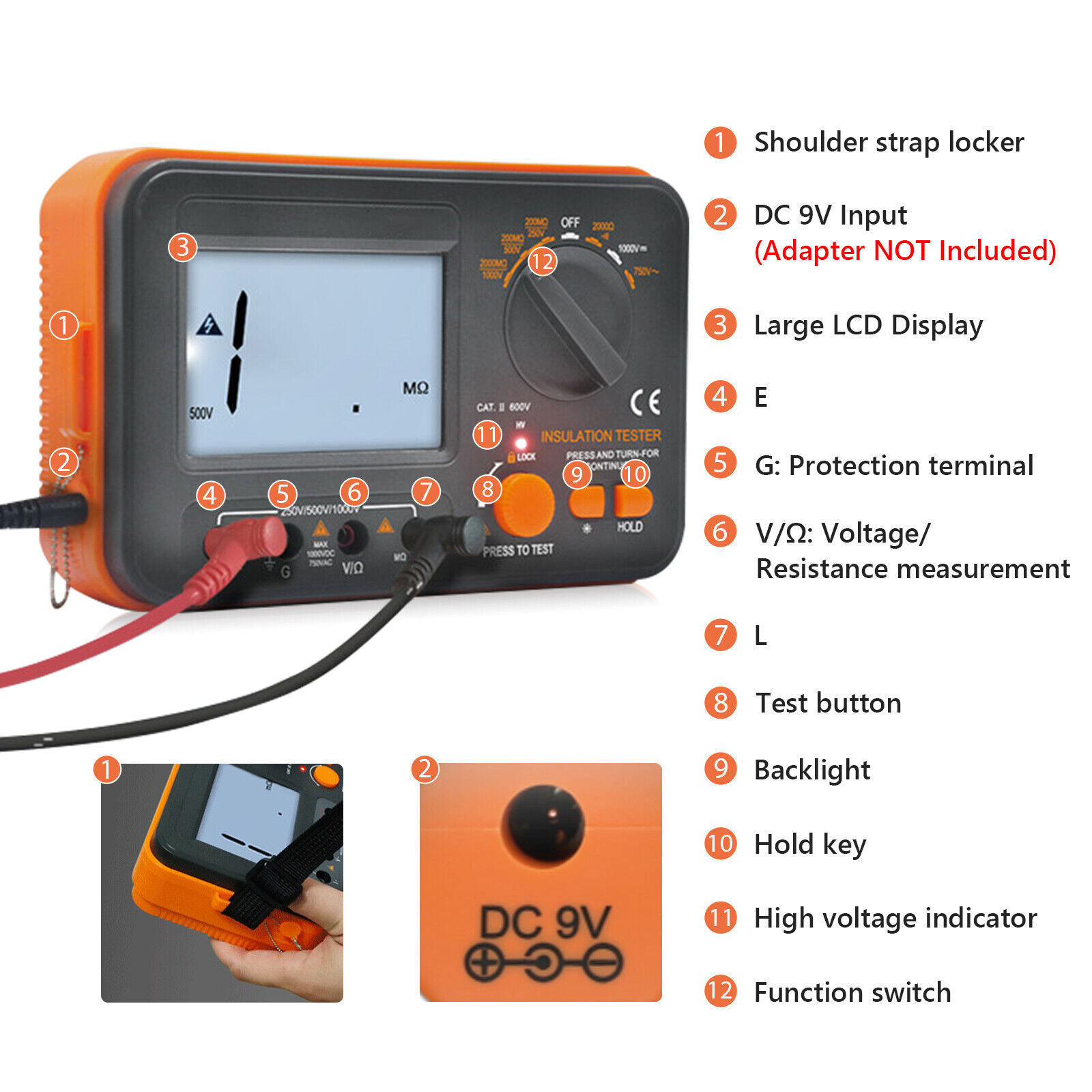 Digital Insulation Tester 250V/500V/1000V 2000MΩ 19999C Backlit LCD Data Hold