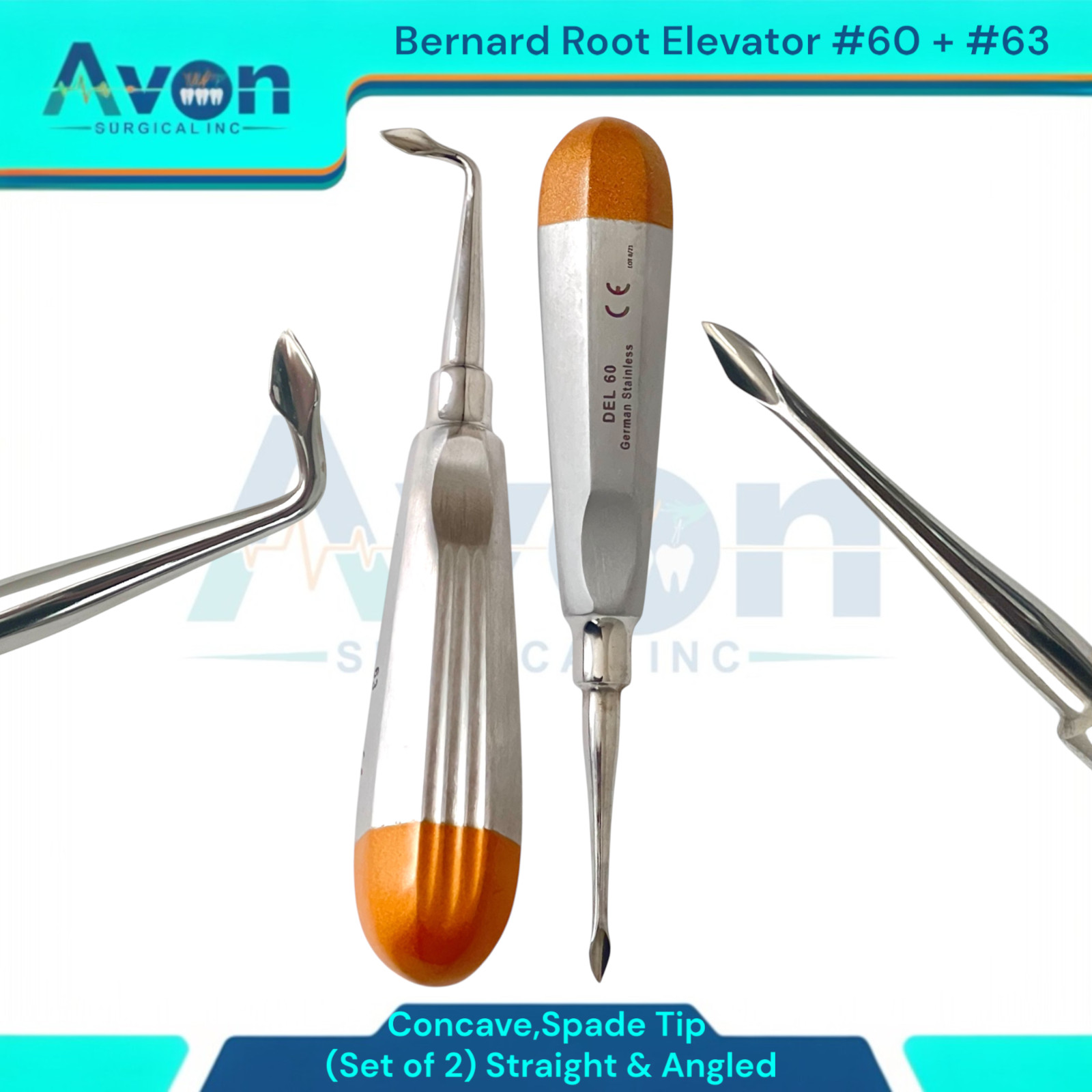 Spade Tip Bernard Root Elevator Pick, #60 Str + #63 Angled, Hollow Handle – 2PK