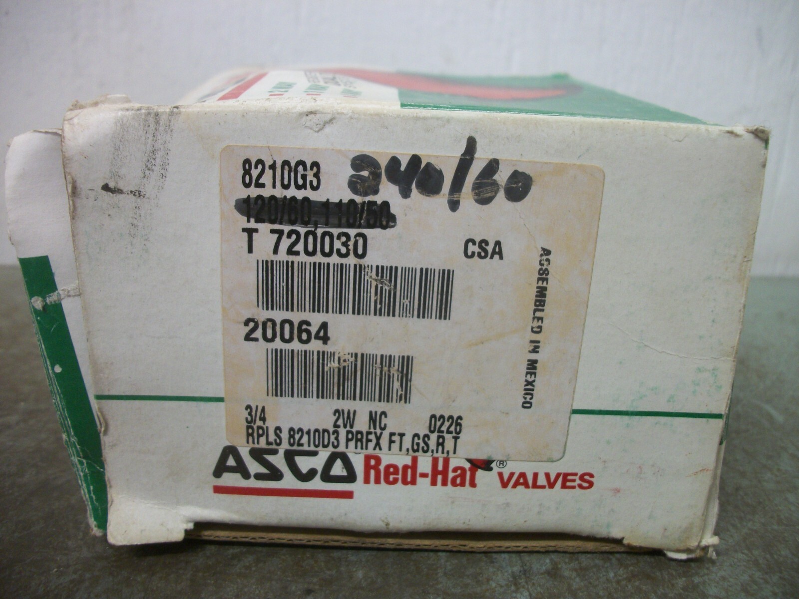 ASCO RED HAT 3/4″ SOLENOID VALVE 8210G3 240VCOIL 5-150PSI 6.1WATT NIB