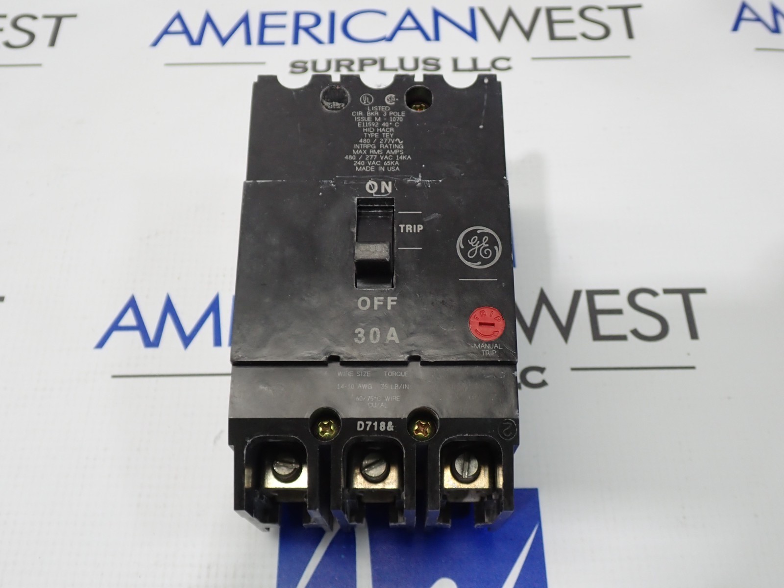 GE TEY330 30 Amp 3 Pole 480/277V TEY Bolt on Circuit Breaker Tested