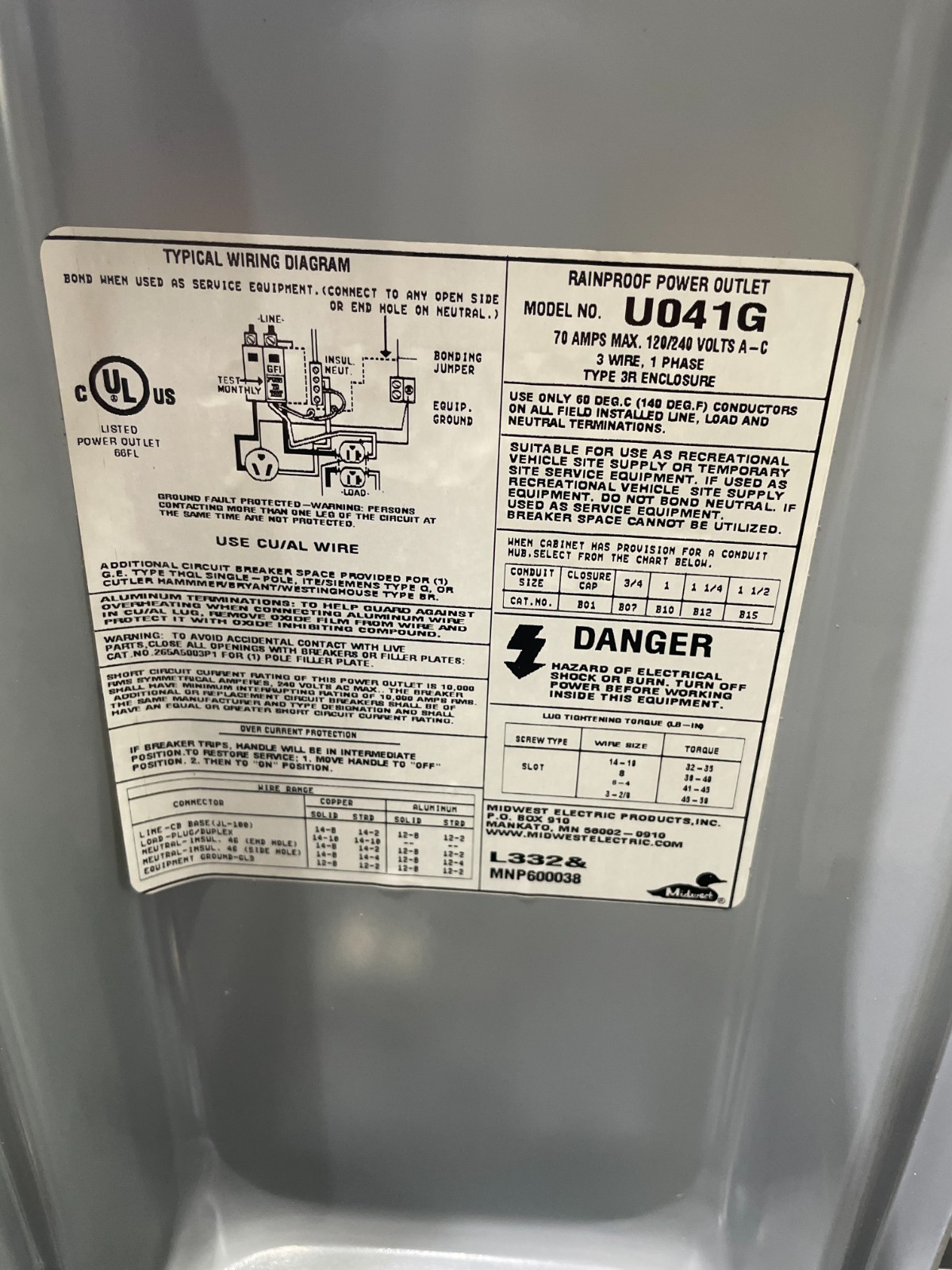 Midwest Outdoor Temporary Power Outlet U041GP