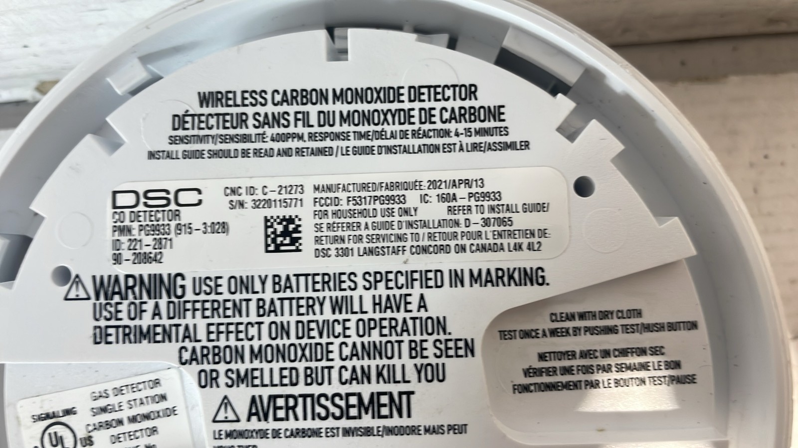 DSC Wireless Carbon Monoxide Detectors PG9933 WS4933 CO Alarms Lot Of 3