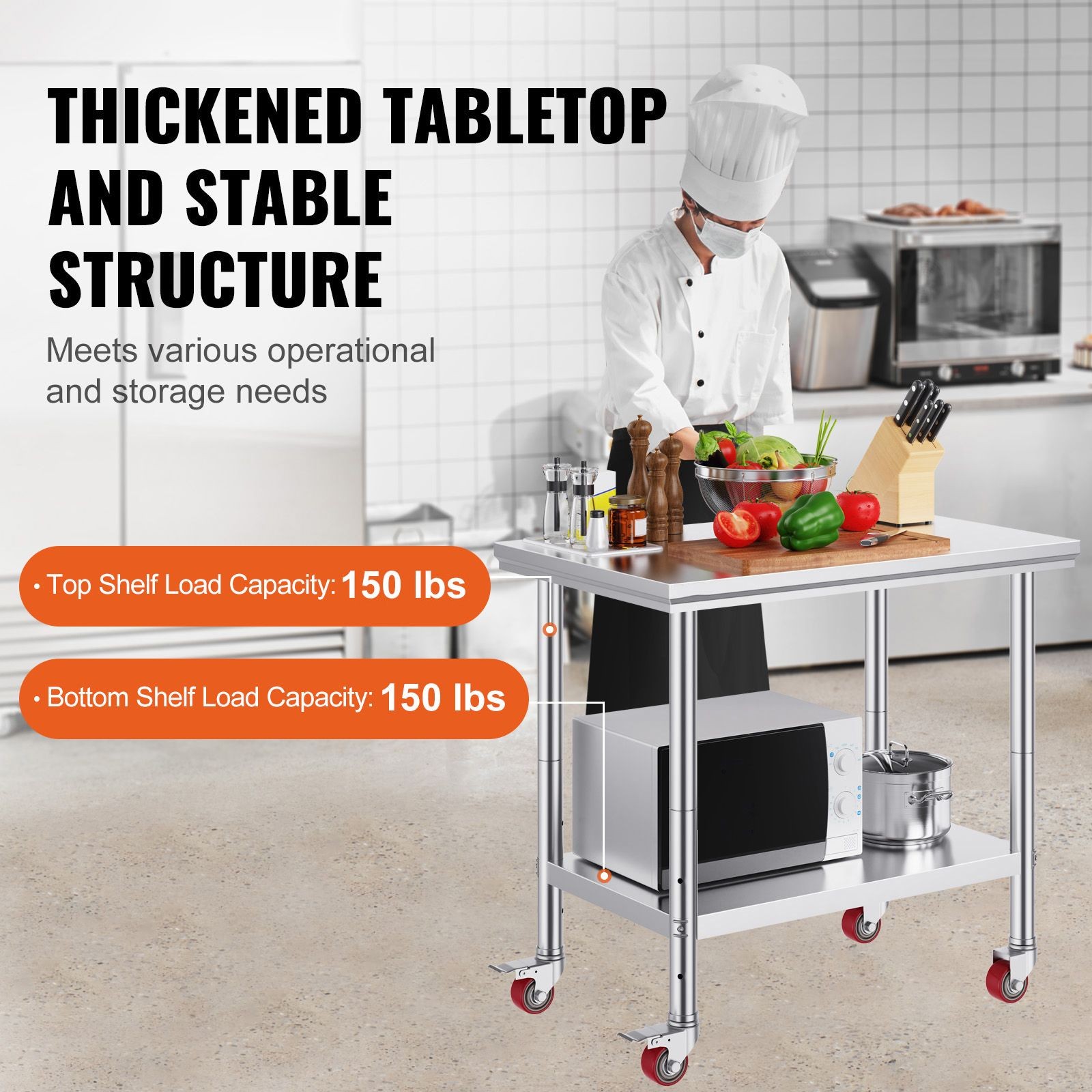 SUS201 Stainless Work Table 35x24in, 3-Level Adjustable Shelves