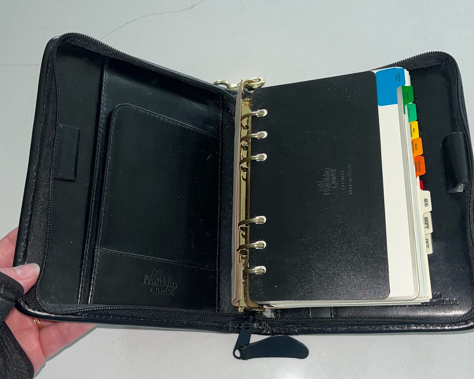 Franklin Quest Leather Planner Binder 8×6 Zip Around Calfskin Brown Woven USA