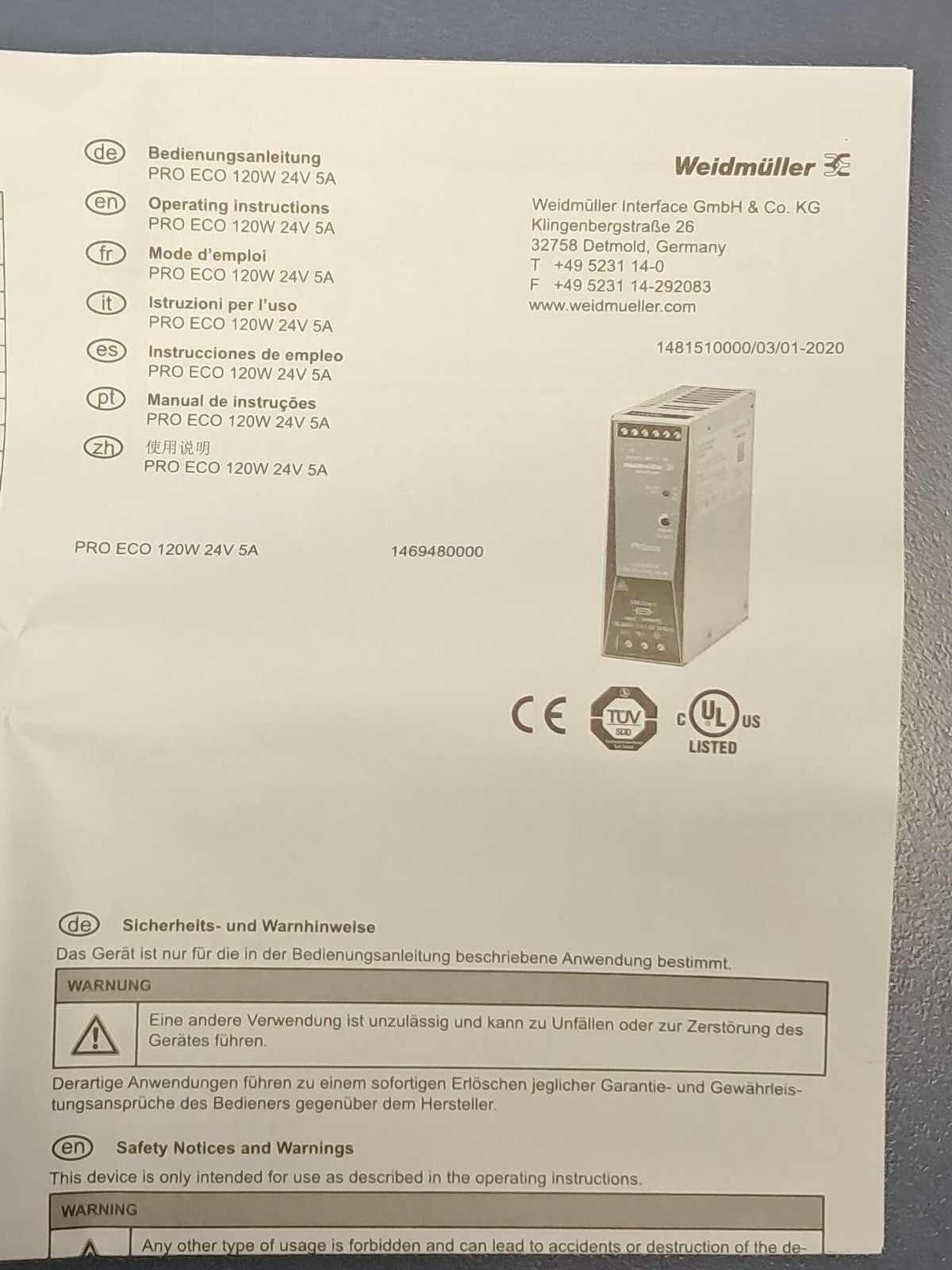 Weidmuller – 1469480000 – Power Supply Pro Eco 120W 24V 5A – NEW