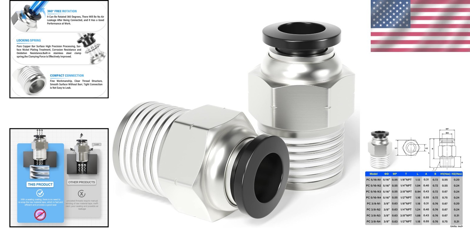 Durable Straight Push Fittings, Copper & Plastic, 5/16″ OD x 1/4″ NPT – 2 Pack