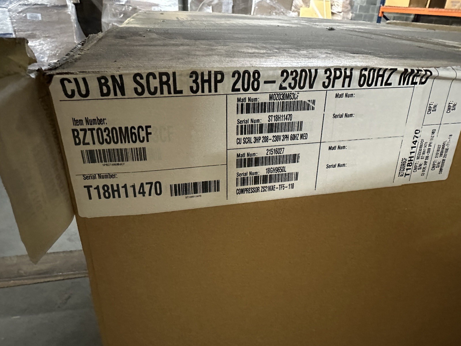 BOHN HEATCRAFT CONDENSER BZT030M6CF 3HP 208-230V 3PH