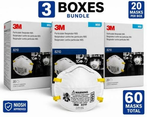 3M 8210 N95 Particulate Respirator Masks 3 Boxes 60 Total EXP 10/2025