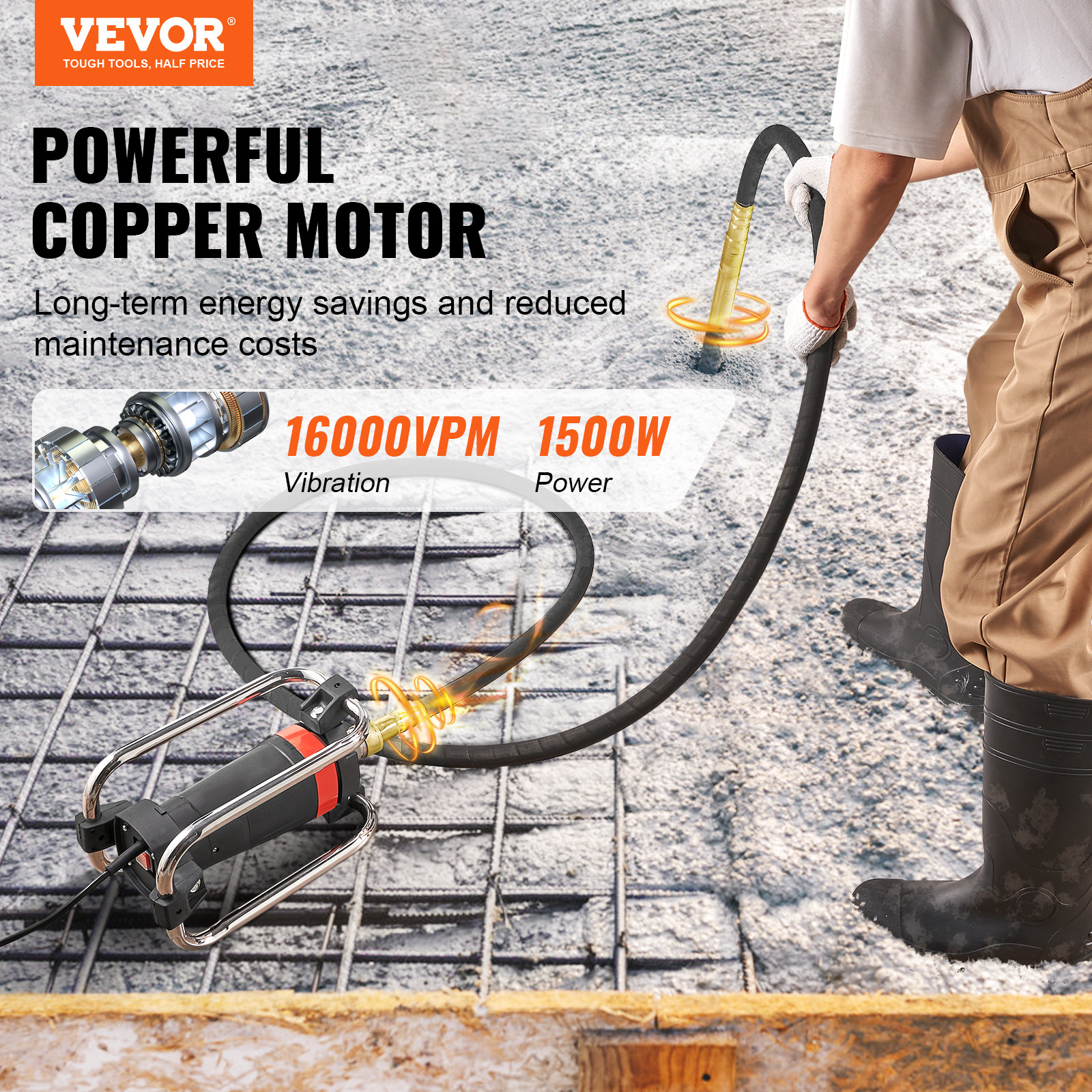 VEVOR Electric Concrete Vibrator 1500W 14-3/4 feet Poker to Remove Air Bubbles